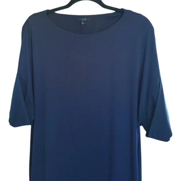 COS Sz S Jersey Knit Tee Shirt Tunic Dress Stretch Silk Drop Sleeve Pockets Blue - Picture 7 of 16